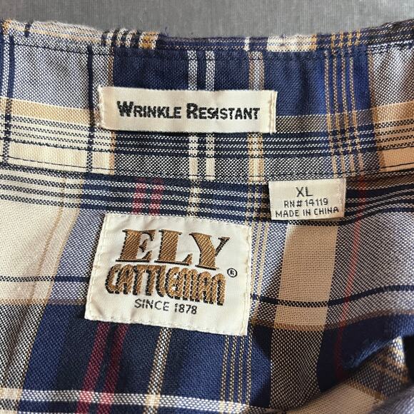 Ely Cattleman Western Shirt Mens XL Blue Plaid Pearl Snap Wrinkle Resistant - Picture 6 of 9